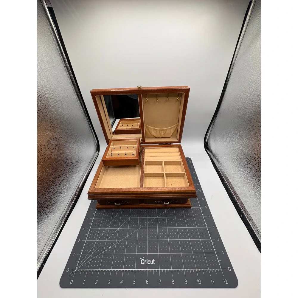 Vintage Wooden Jewelry Box Burl Wood Lid Mirror Swing Tray Drawer Organizer